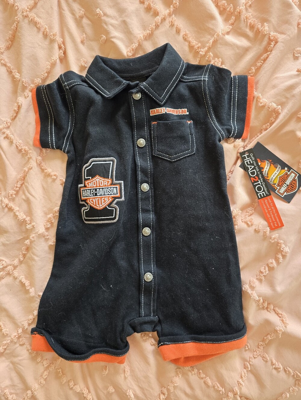 Harley-Davidson Black and Orange Polo-Style Baby Romper